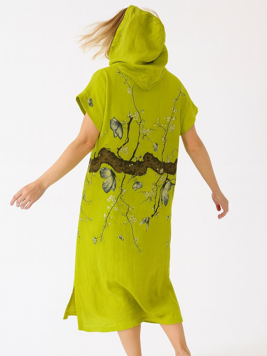 İtalyan Keten Kapüşon Detaylı Elbise - YEŞİL