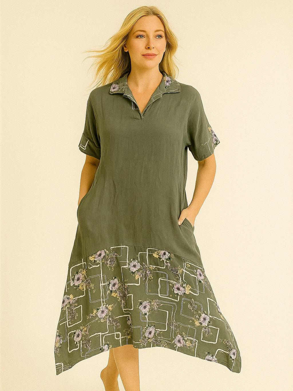 İtalyan Çiçek Desenli Keten Elbise - HAKİ