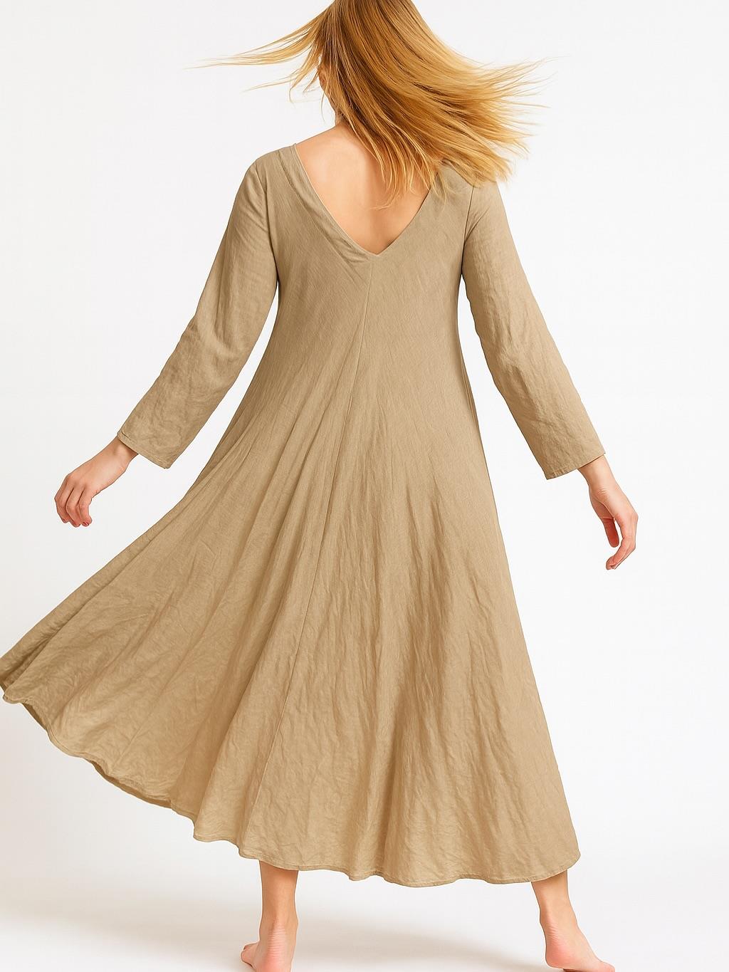 İtalyan Keten V Yaka Elbise - BEJ