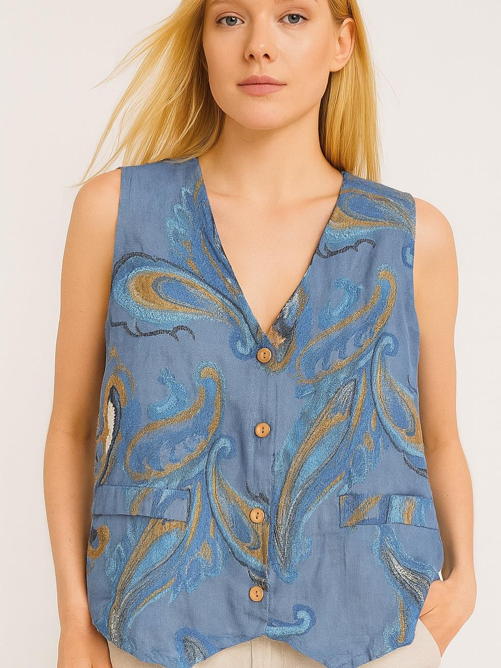 İtalyan Keten Yelek - MAVİ