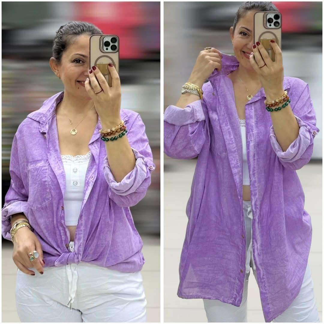 İtalyan Taşlanmış Pamuklu Coton Gömlek - LİLA