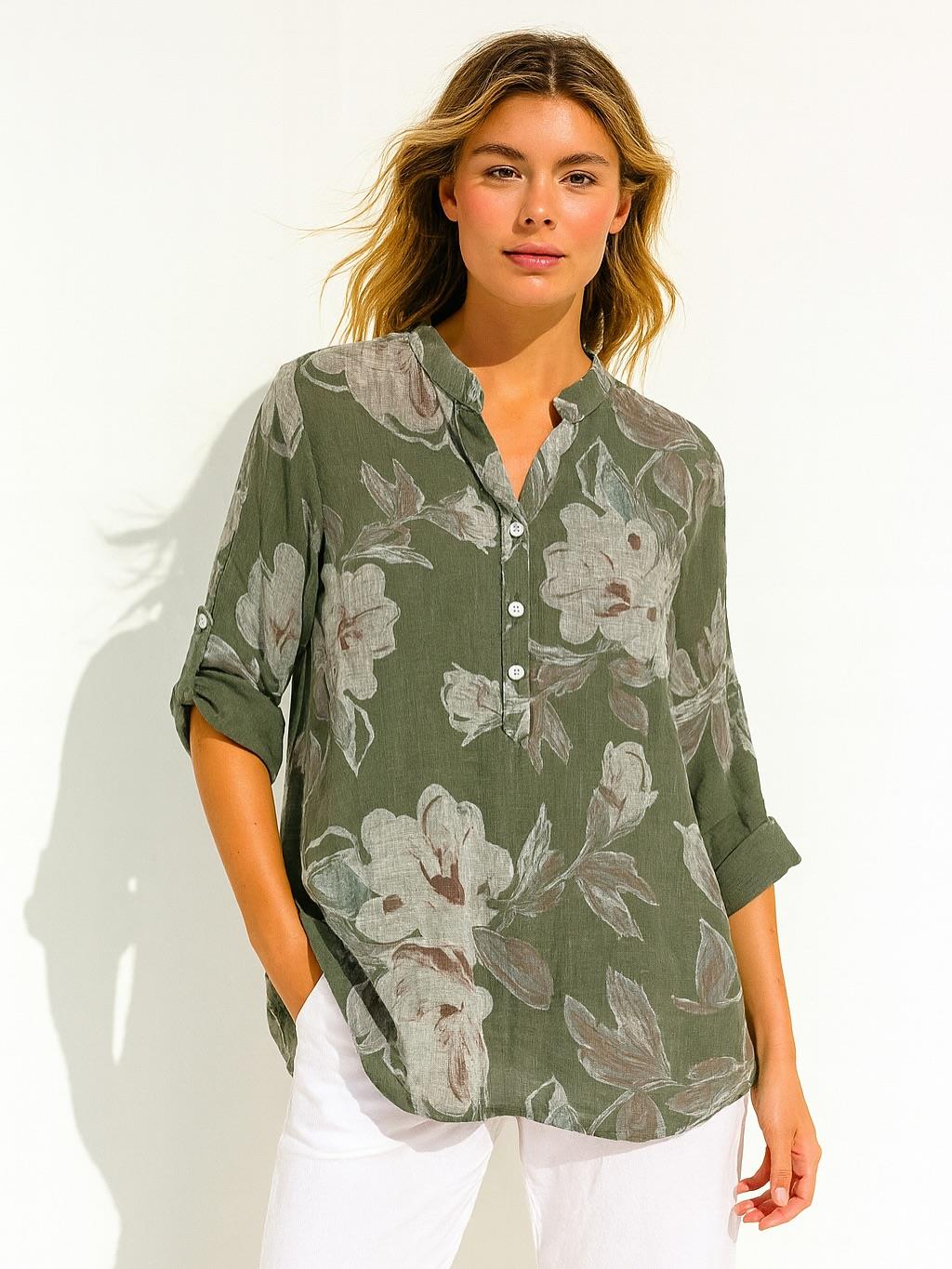 İtalyan Pamuk Keten Gömlek - HAKİ