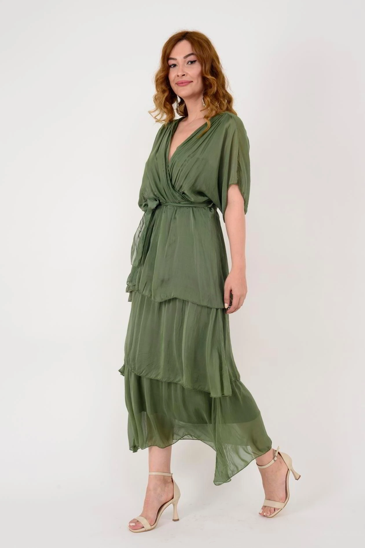 İtalyan İpek Belden Bağlamalı Elbise - HAKİ