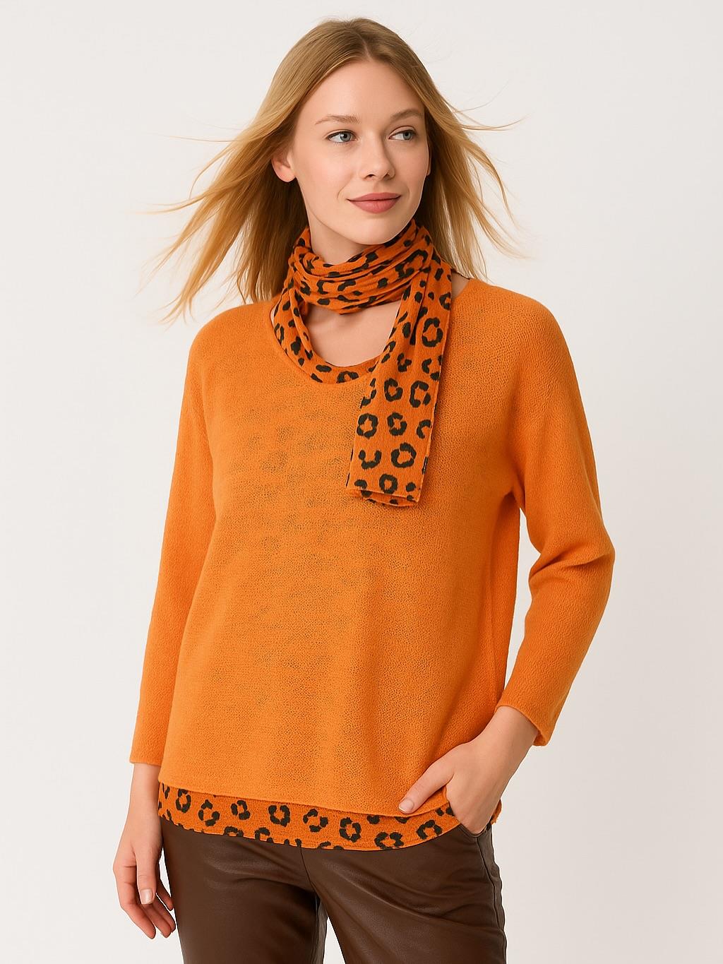 İtalyan Fularlı Triko Takım Bluz - TURUNCU