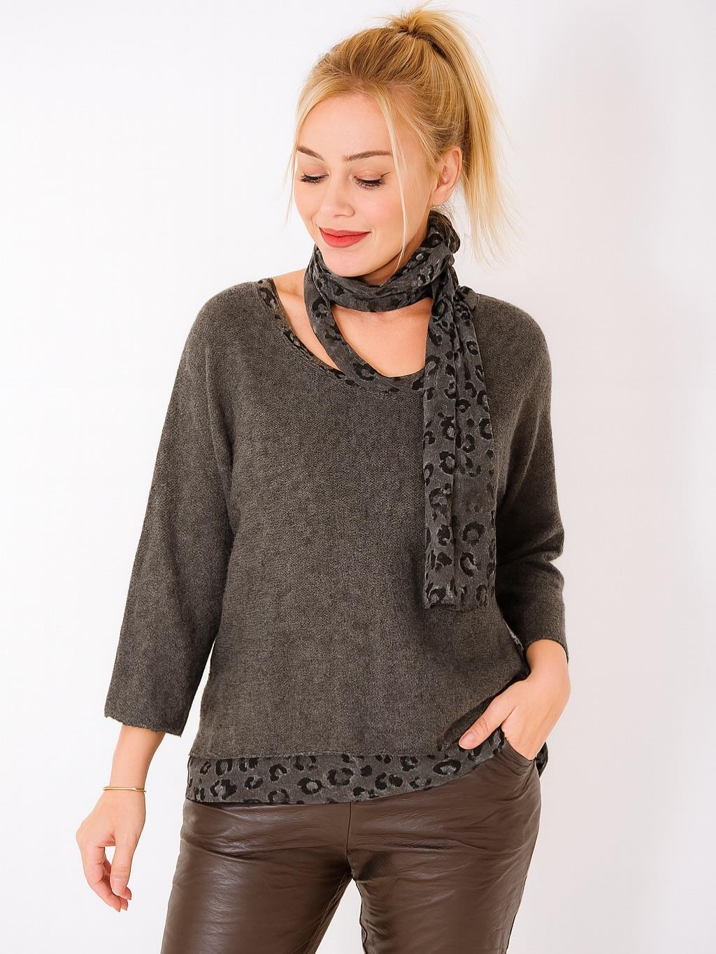 İtalyan Fularlı Triko Takım Bluz - ANTRASİT