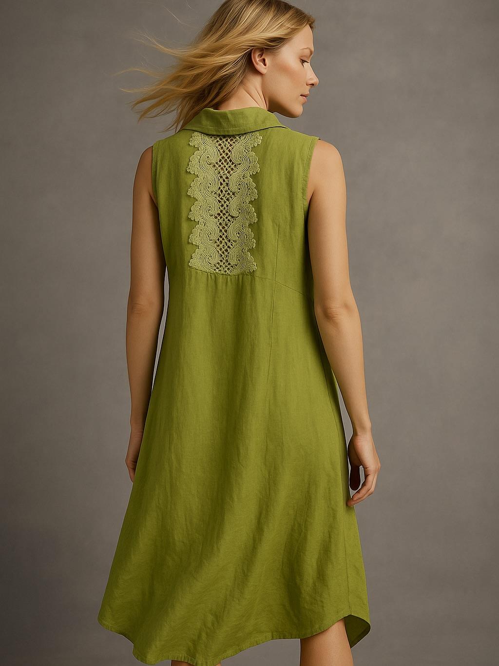 İtalyan Dantel Sırt Detaylı Keten Elbise - YAĞ YEŞİLİ