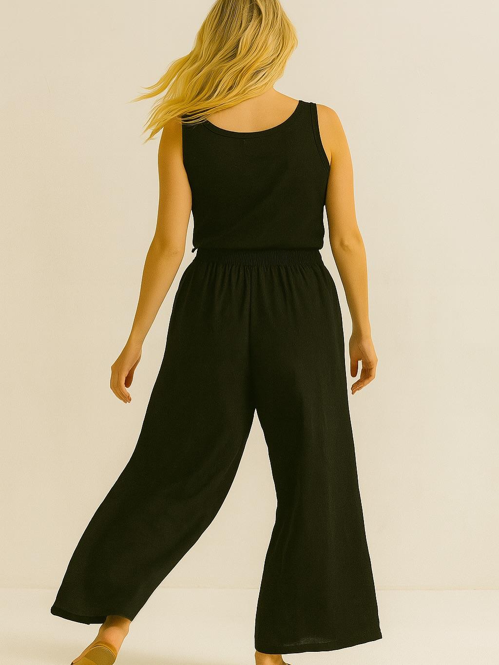 İtalyan Keten Boru Paça Pantolon - SİYAH