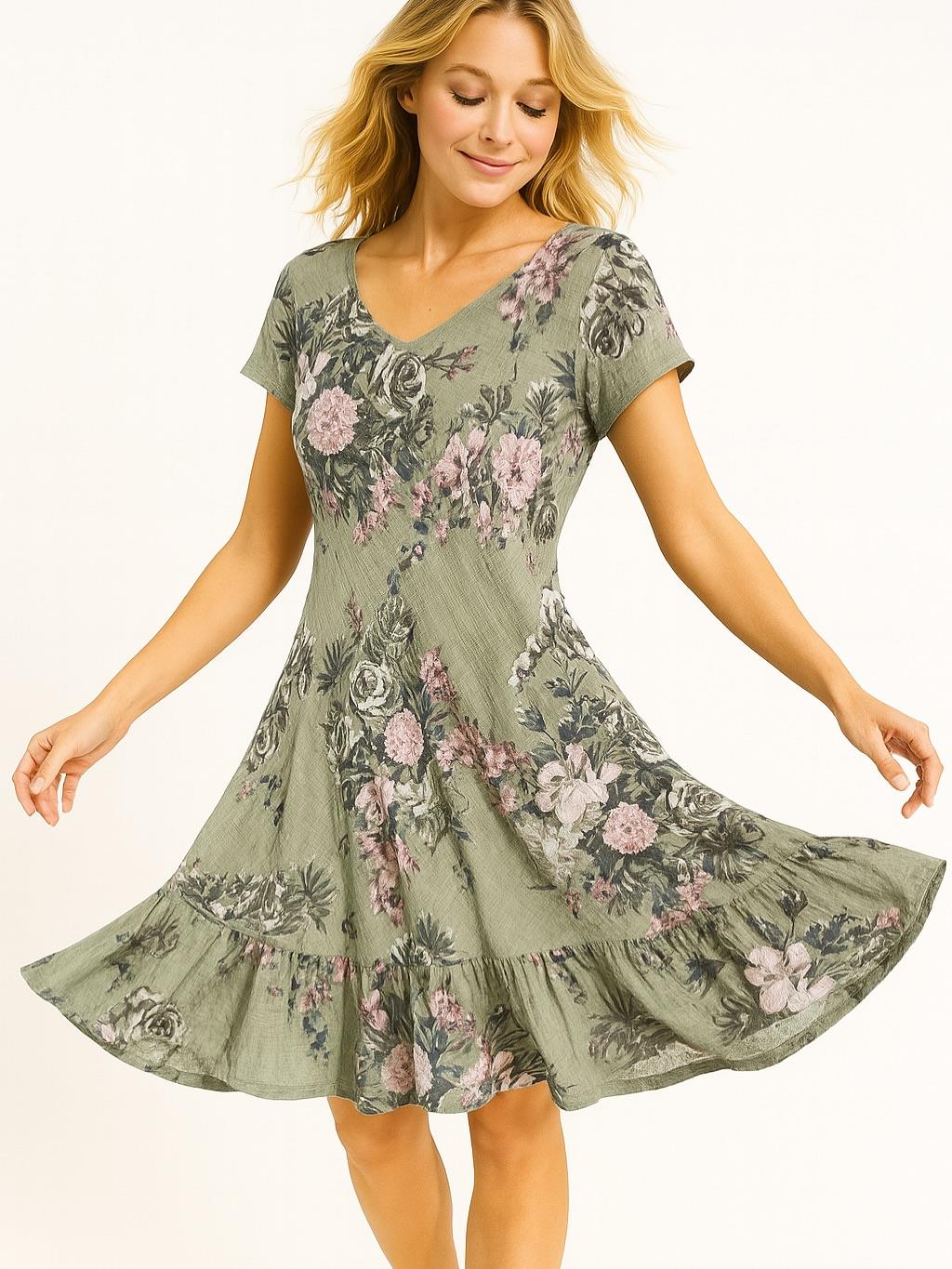 İtalyan Pamuk Keten Elbise - HAKİ