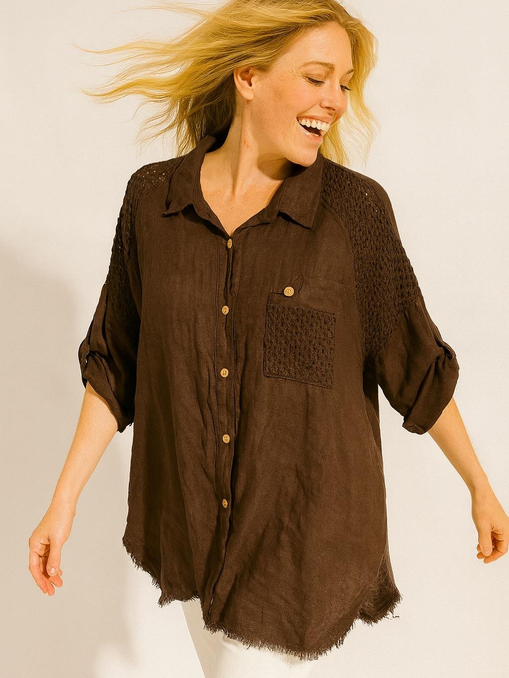İtalyan Keten Dantel Detaylı Gömlek - KAHVERENGİ