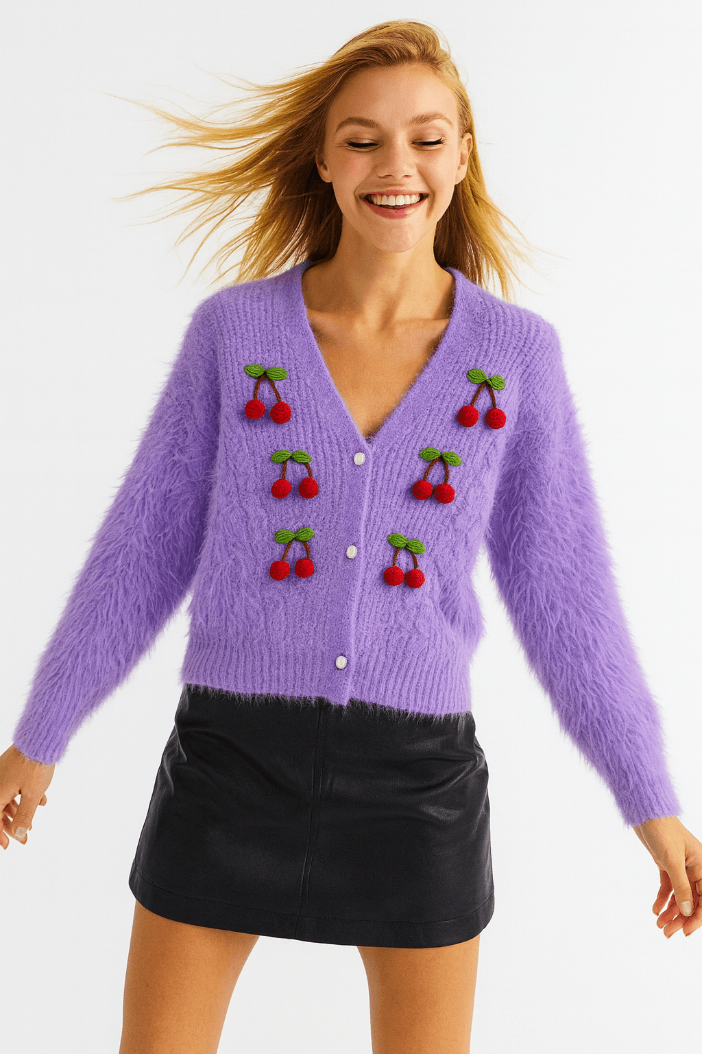 İtalyan Angora  Kiraz Detaylı Hırka - LİLA