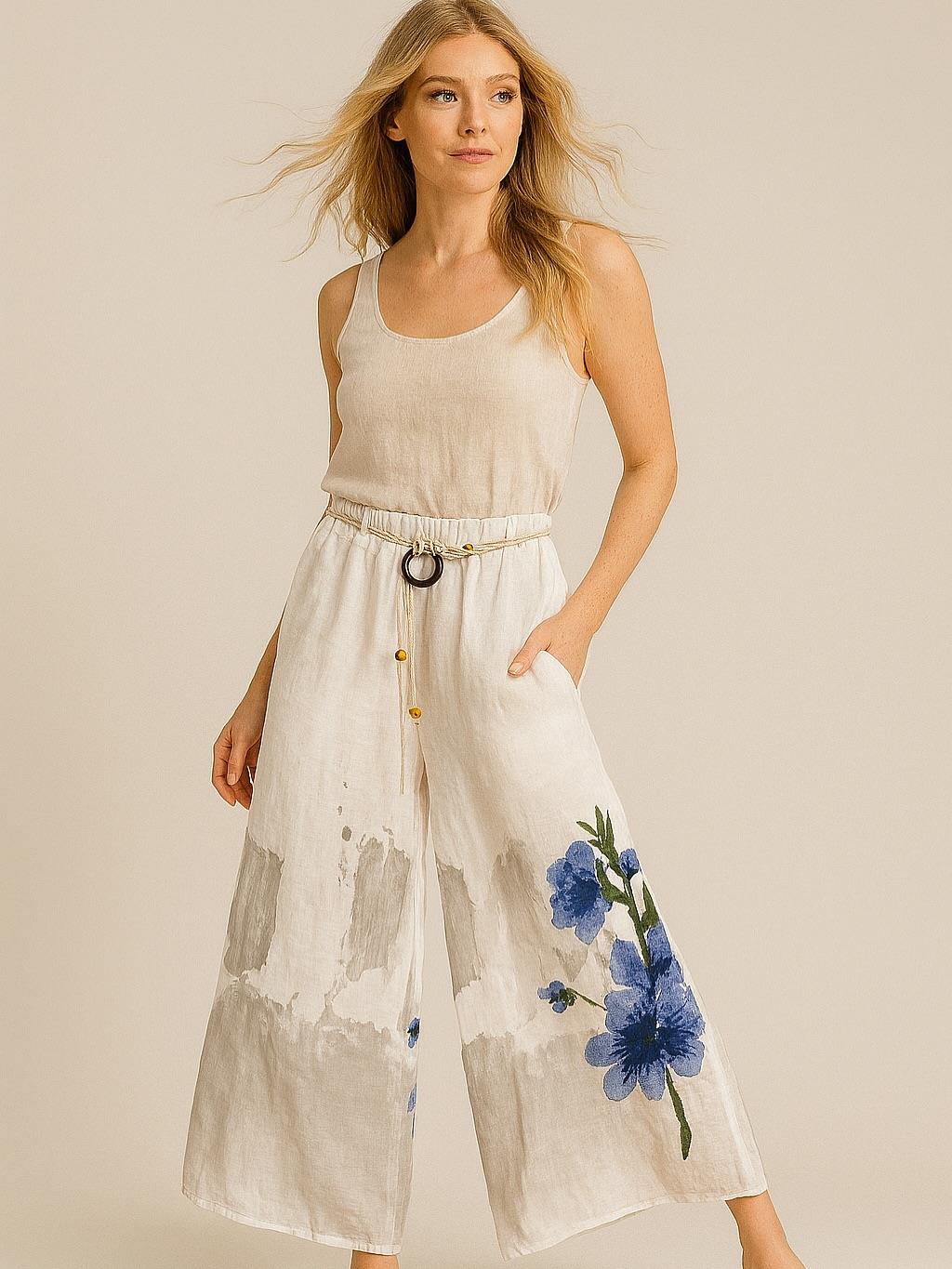 İtalyan Çiçek Desenli Keten Pantolon - BEYAZ