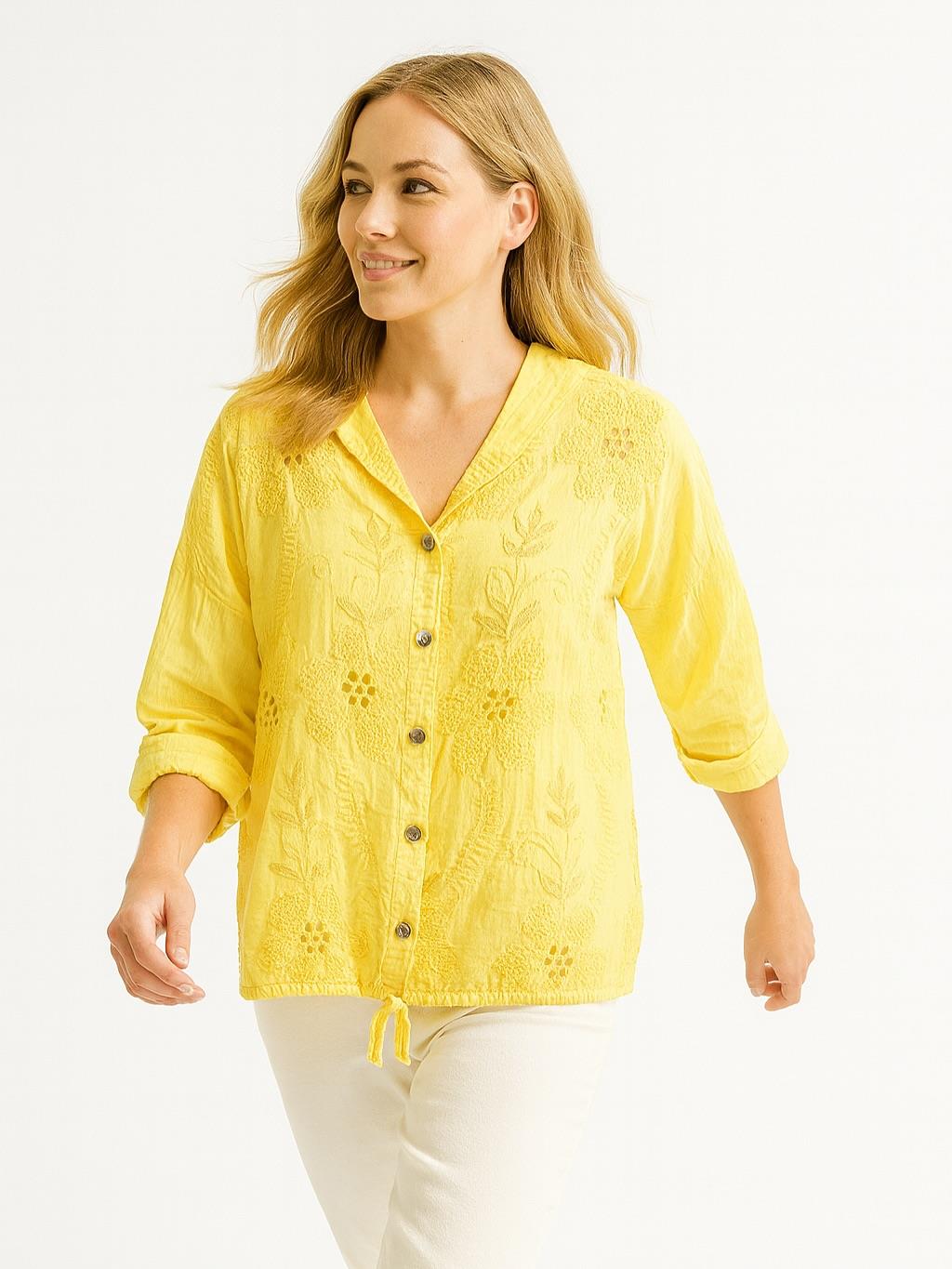 İtalyan Pamuk İşlemeli Kapüşonlu Gömlek - SARI