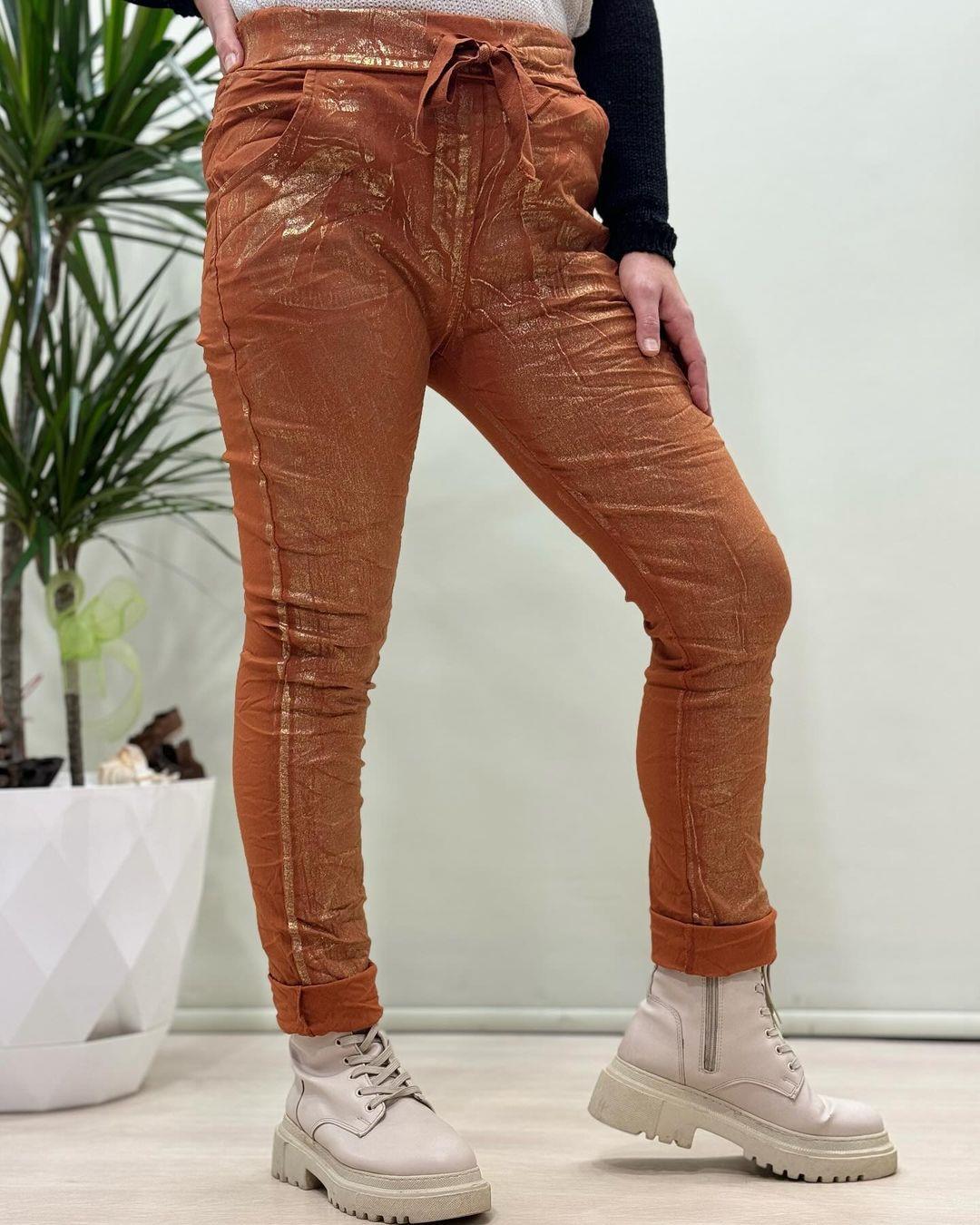 İtalyan Varak Baskılı Likralı Pantolon - TUĞLA