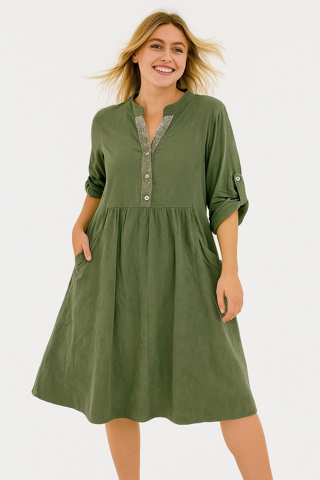 İtalyan Pul Payet Detaylı Kadife Elbise - HAKİ