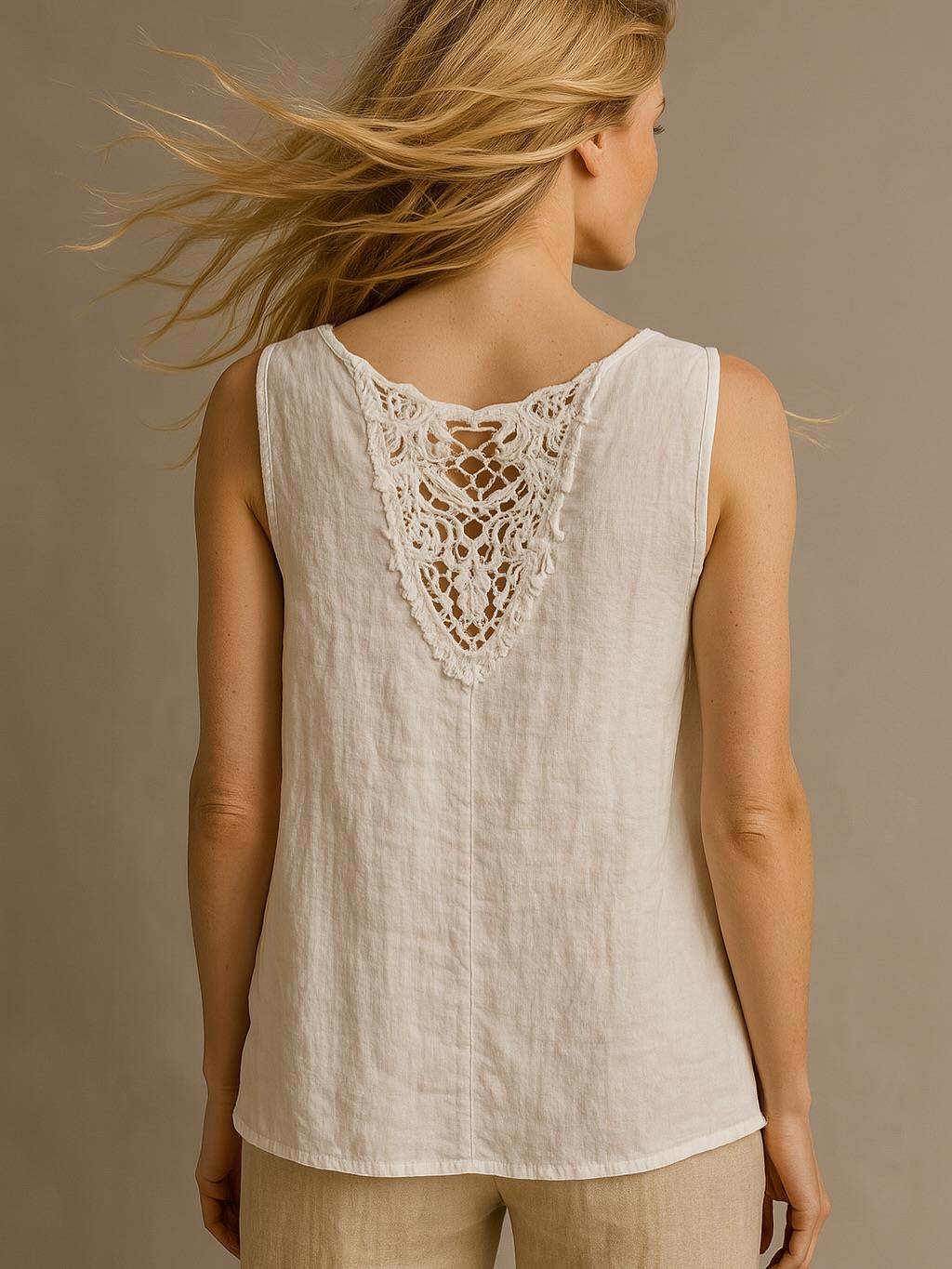 İtalyan Sırt Dantel Detaylı Keten Bluz - BEYAZ