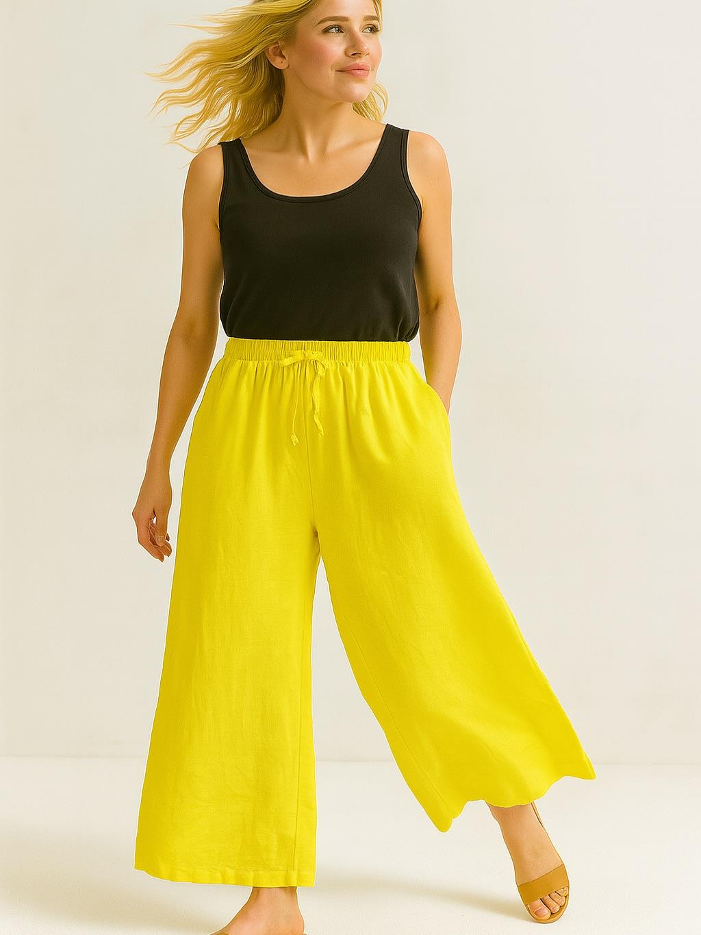 İtalyan Keten Boru Paça Pantolon - SARI