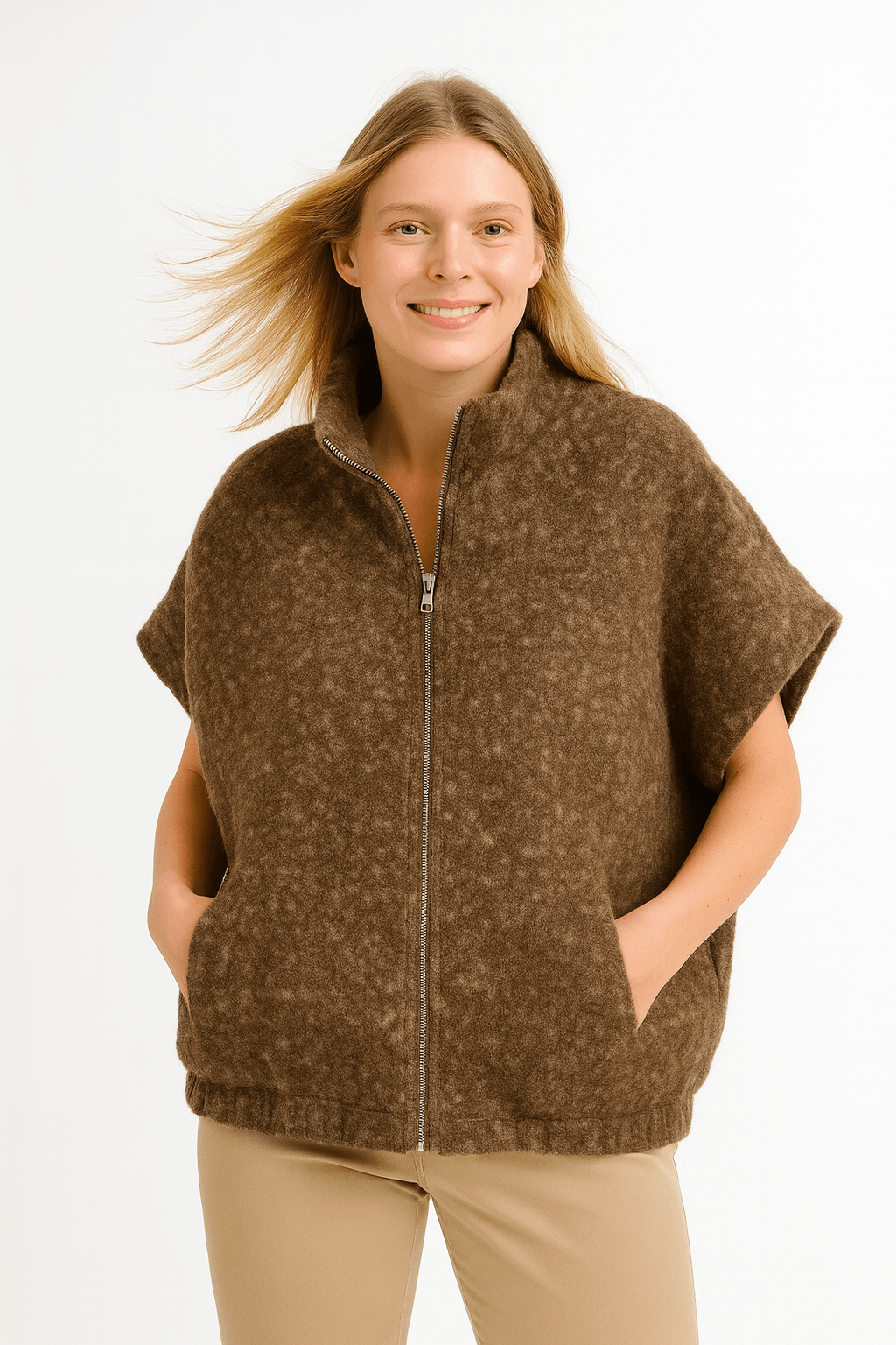 İtalyan Fermuarlı Keçe Yelek - KAHVERENGİ