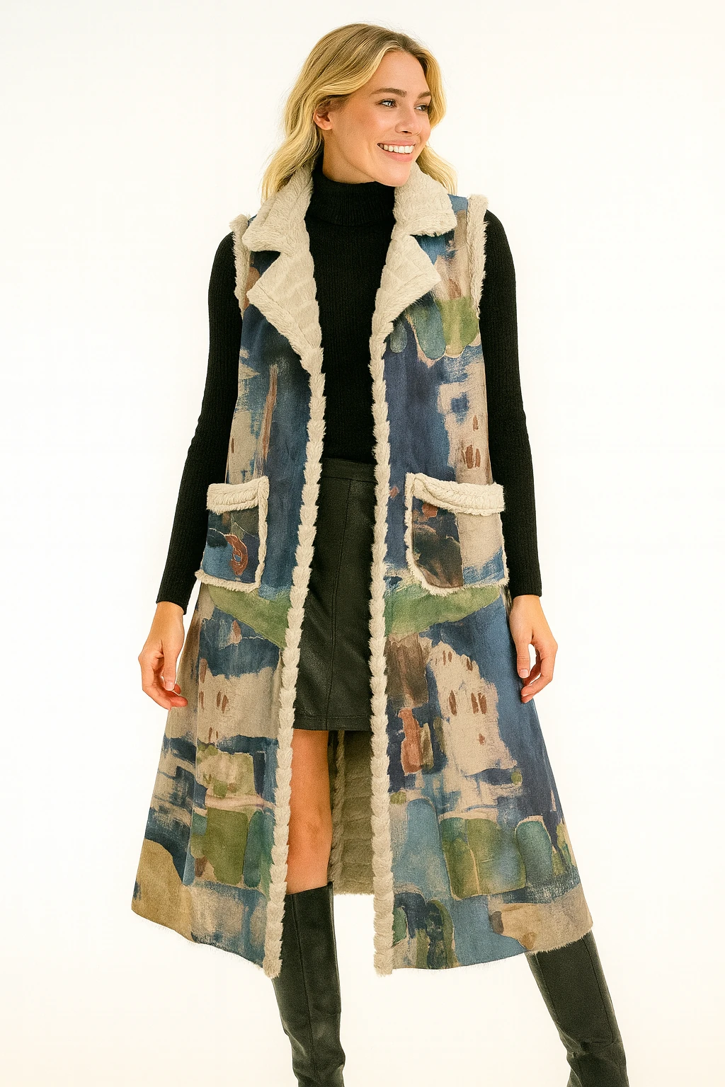 İtalyan Fırça Desen Nubuk Yelek - MAVİ