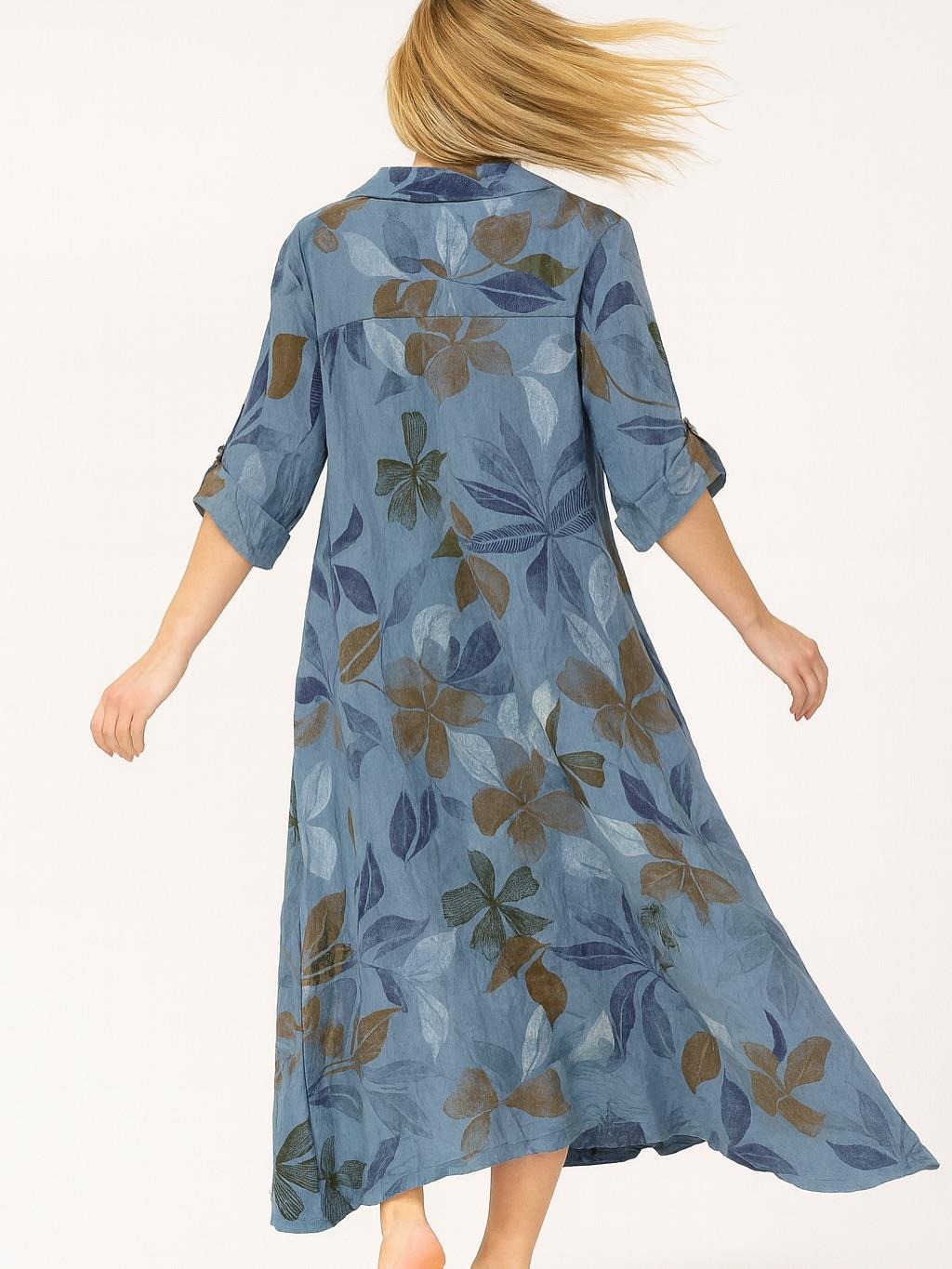 İtalyan Keten Yaprak Desenli Elbise - MAVİ