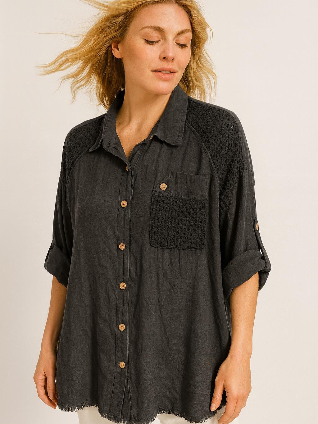 İtalyan Keten Dantel Detaylı Gömlek - SİYAH