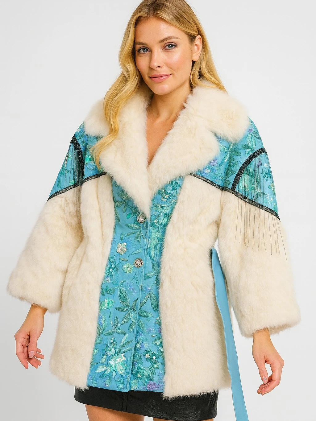 İtalyan Tasarım İşlemeli Kürk - BEYAZ