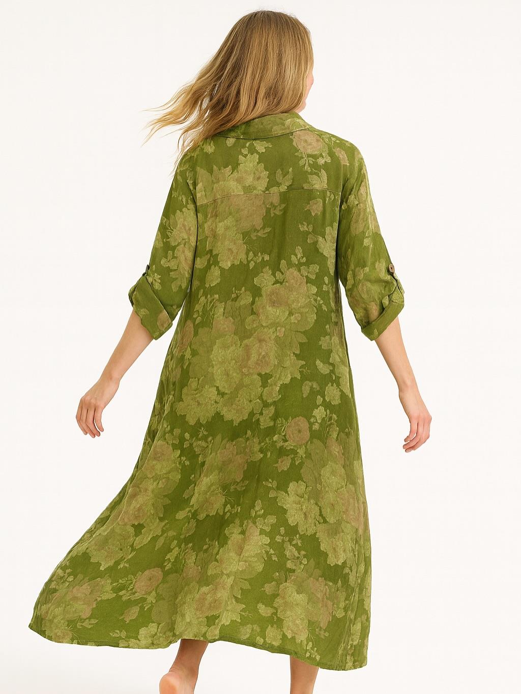 İtalyan Keten Çiçek Desenli Elbise - YEŞİL
