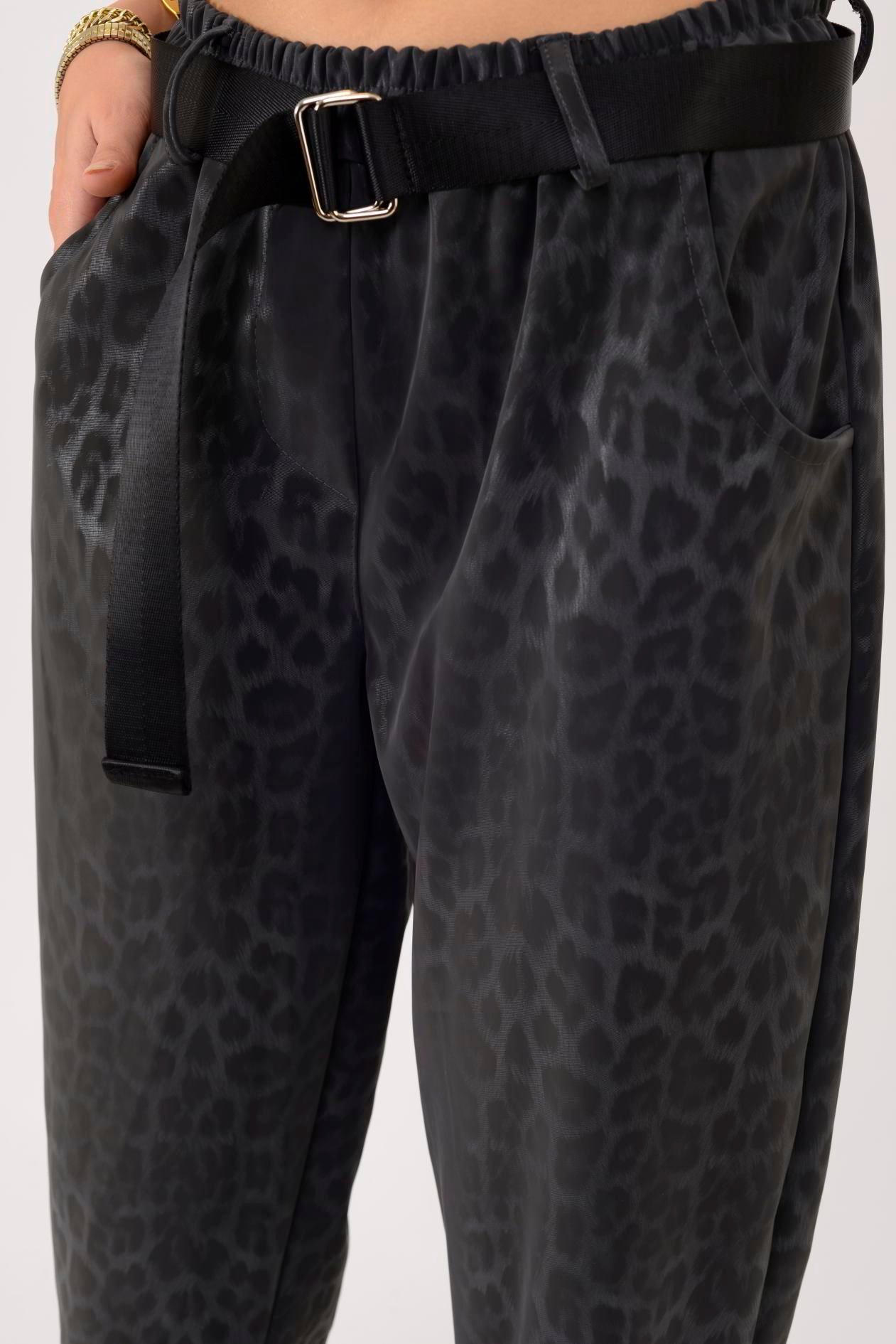 İtalyan Kemer Detaylı Leopar Desenli Pantolon - ANTRASİT