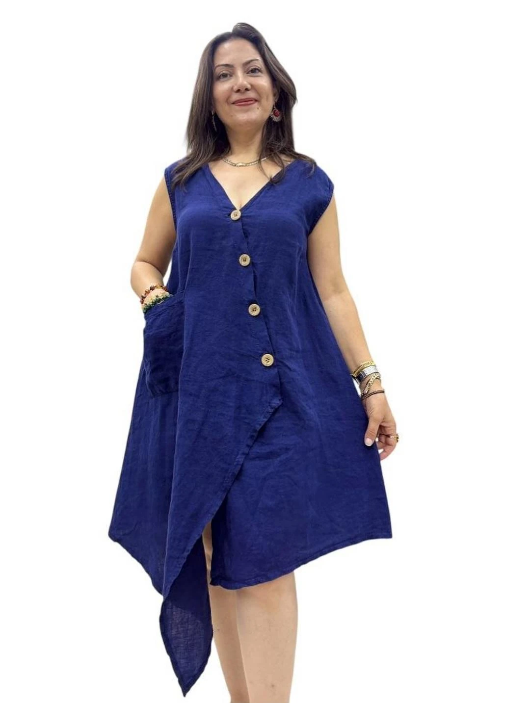 İtalyan Keten Tasarım Elbise - LACİVERT