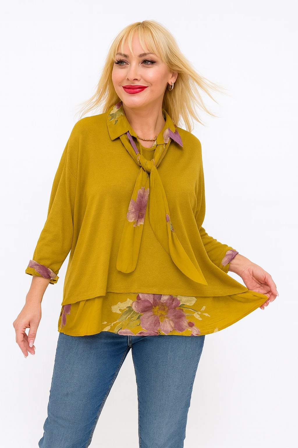 İtalyan Fularlı 3'lü Takım Bluz - HARDAL