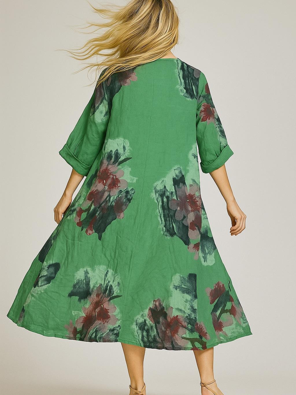 İtalyan Çiçek Desenli Keten Elbise - YEŞİL