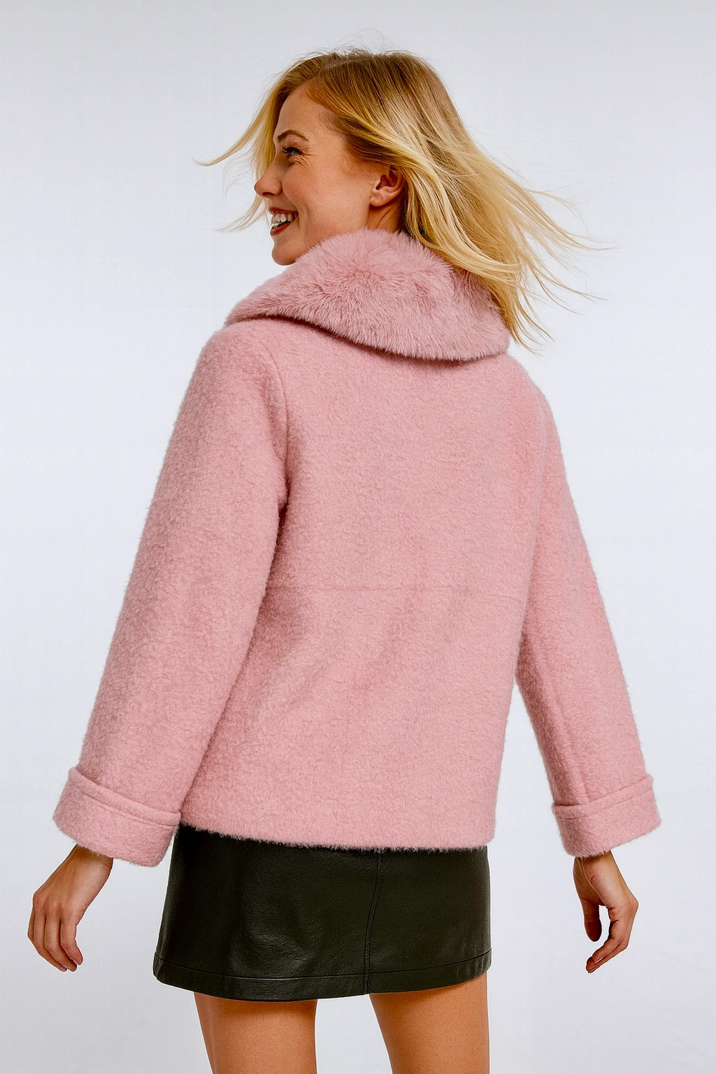 İtalyan Yaka kürklü Angora Ceket - PUDRA PEMBE