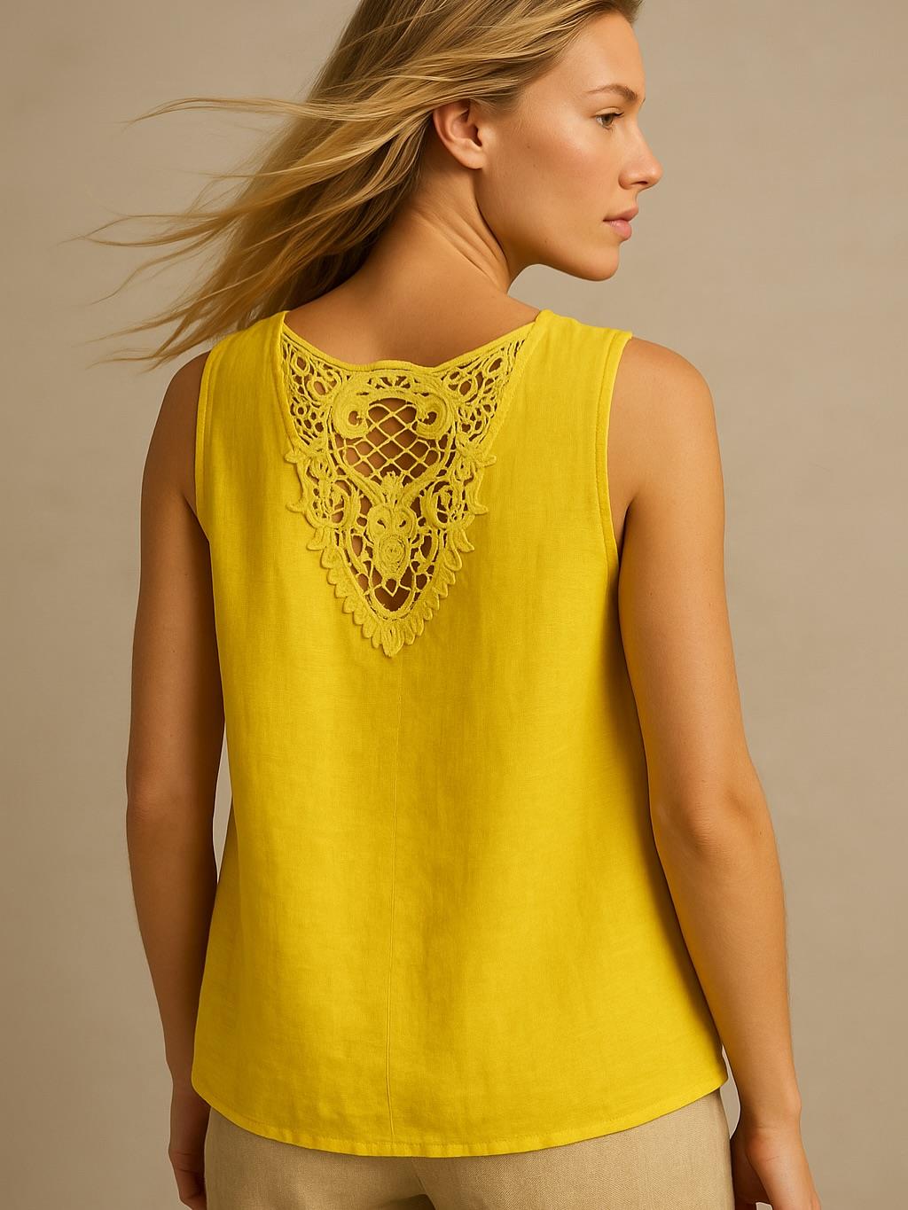 İtalyan Sırt Dantel Detaylı Keten Bluz - SARI