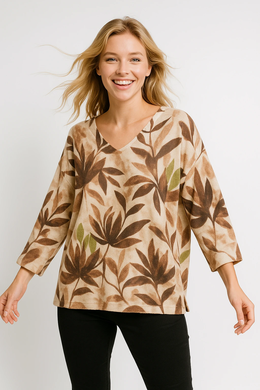 İtalyan Yaprak Desen Triko Bluz - VİZON