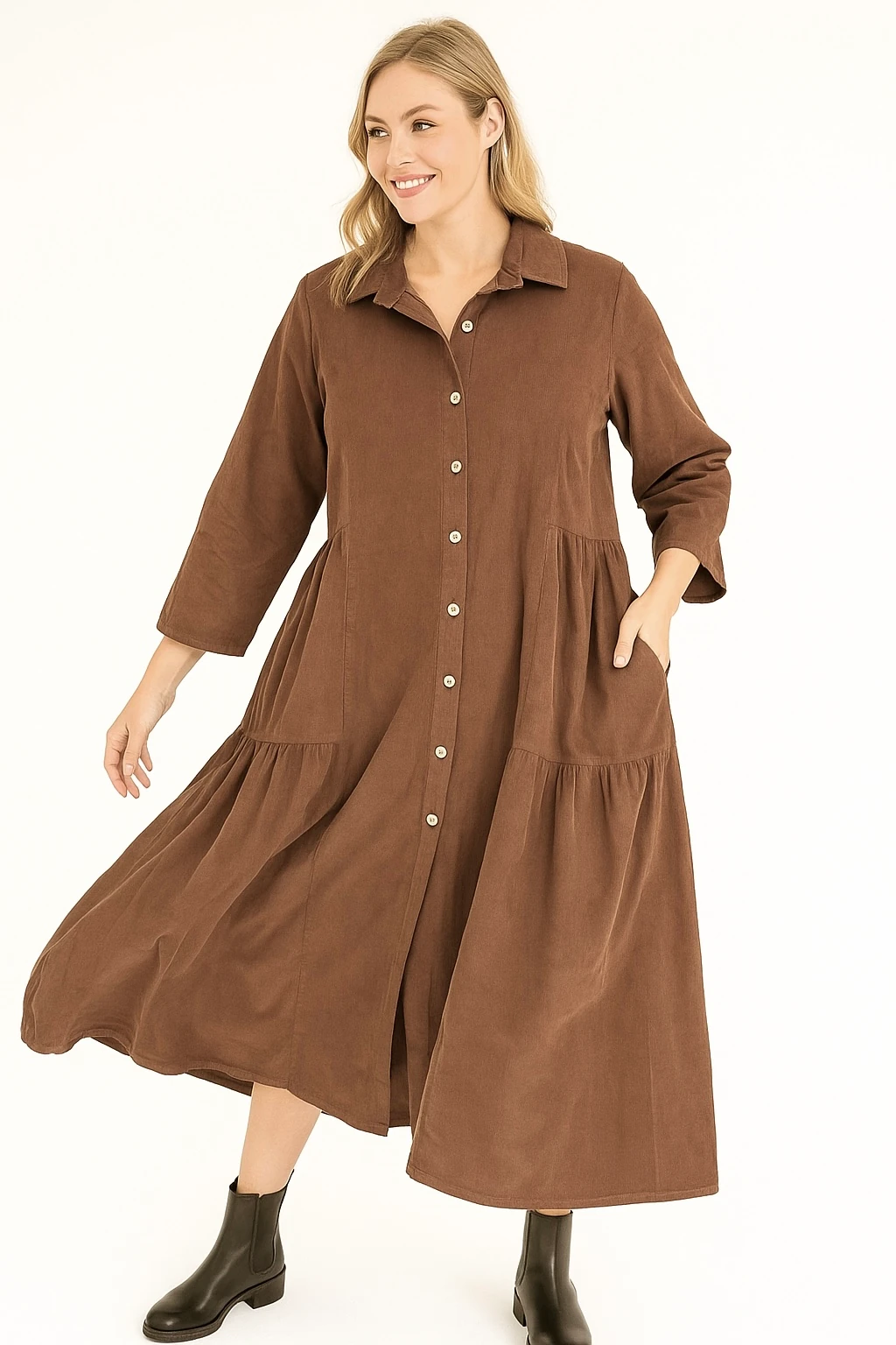 İtalyan Kadife Gömlek Elbise - KAHVERENGİ