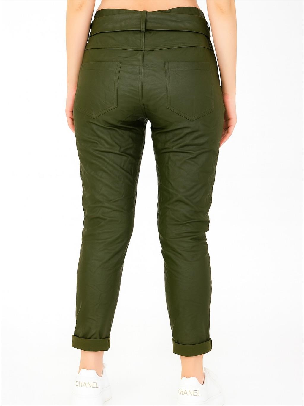 İtalyan Likralı Toka Detaylı Deri Pantolon - HAKİ