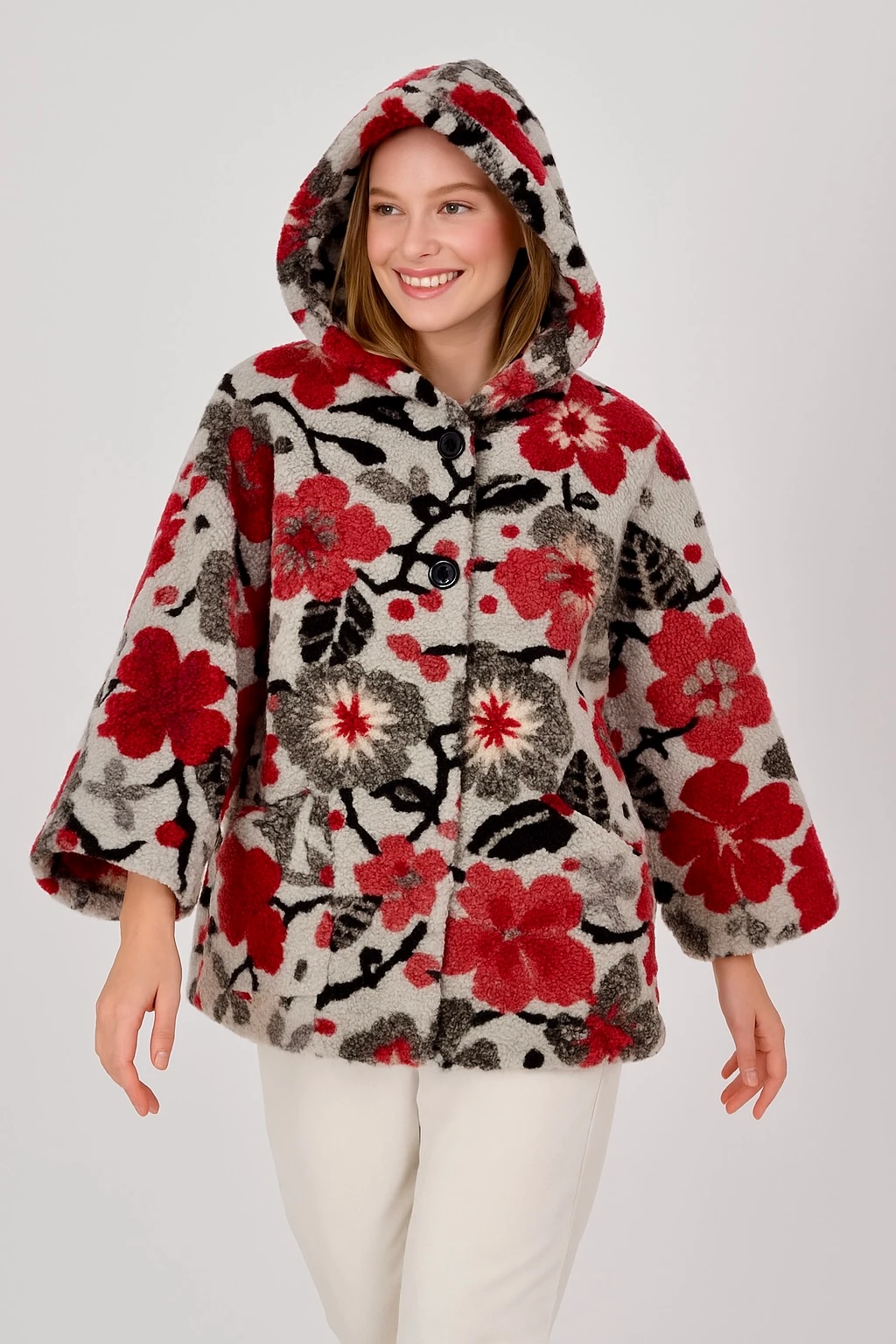 İtalyan Çiçek Kabartmalı Kapüşonlu Keçe Kaban - GRİ