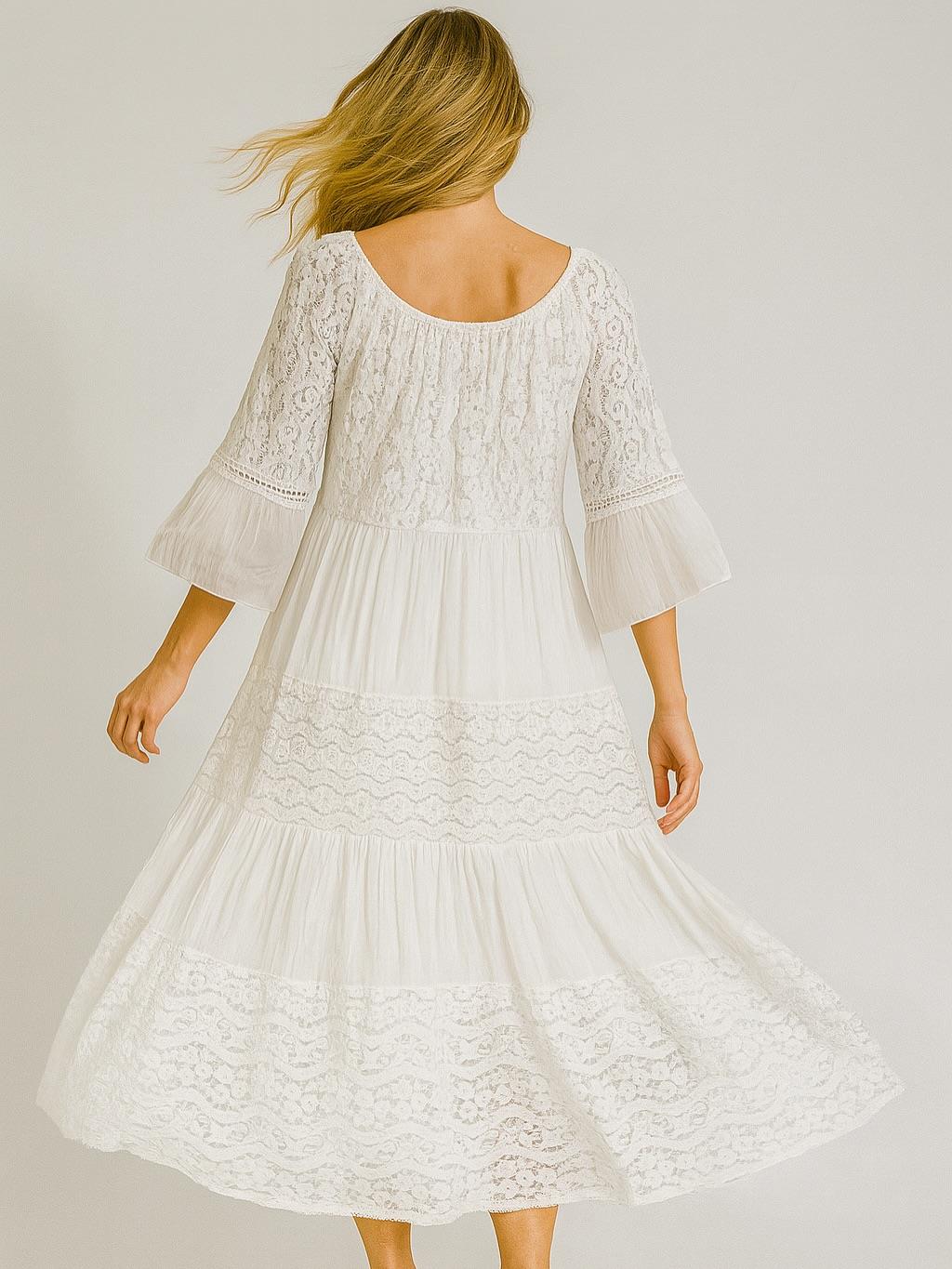 İtalyan İpek Detaylı Dantel Elbise - BEYAZ