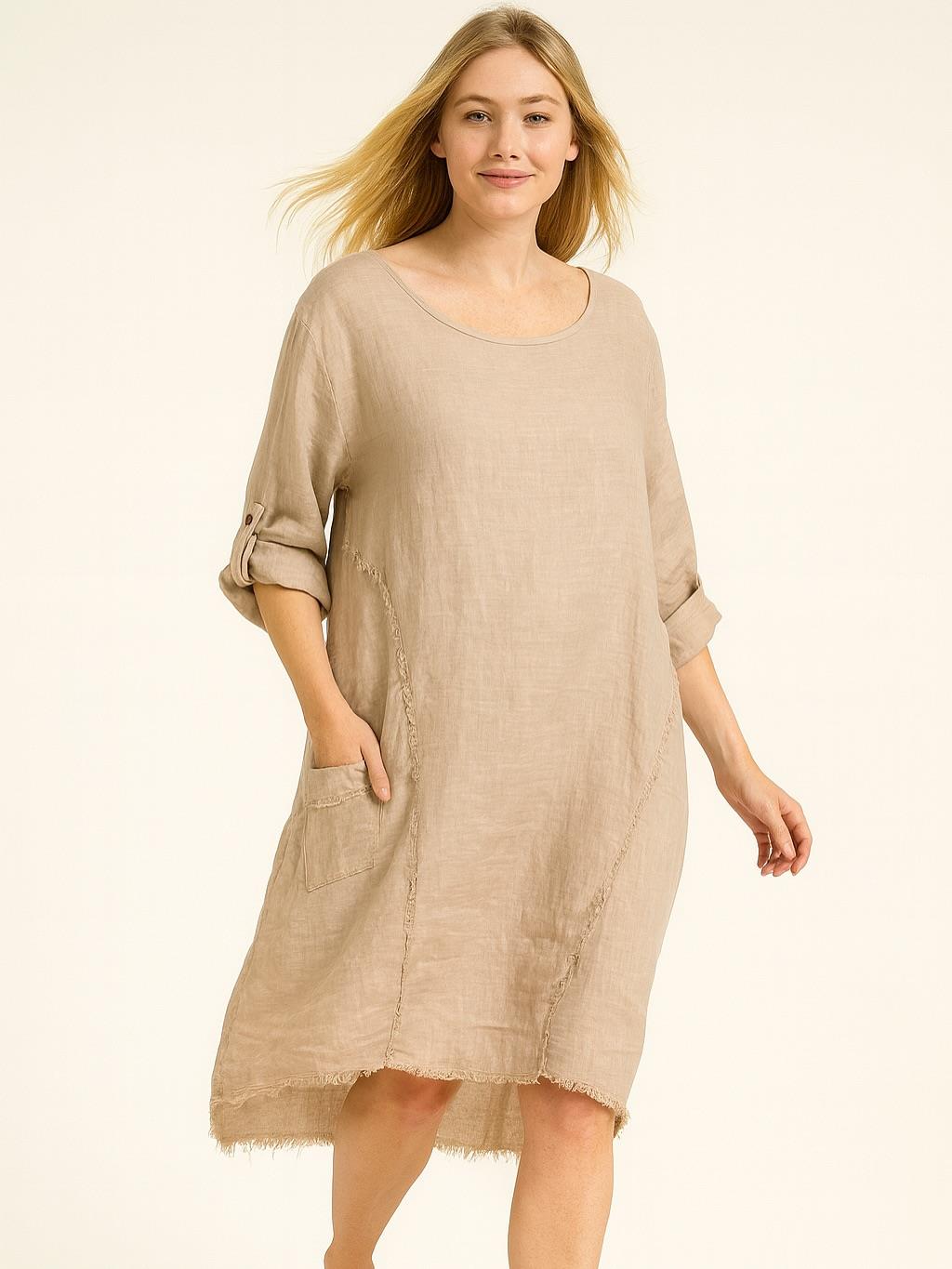 İtalyan Keten Dikiş Detaylı Elbise - BEJ