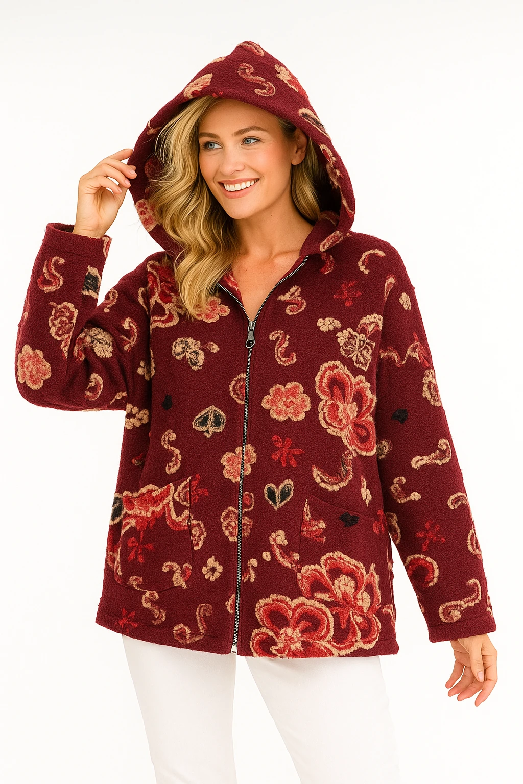 İtalyan Çiçek Tasarımlı Kapüşonlu Keçe Kaban - BORDO