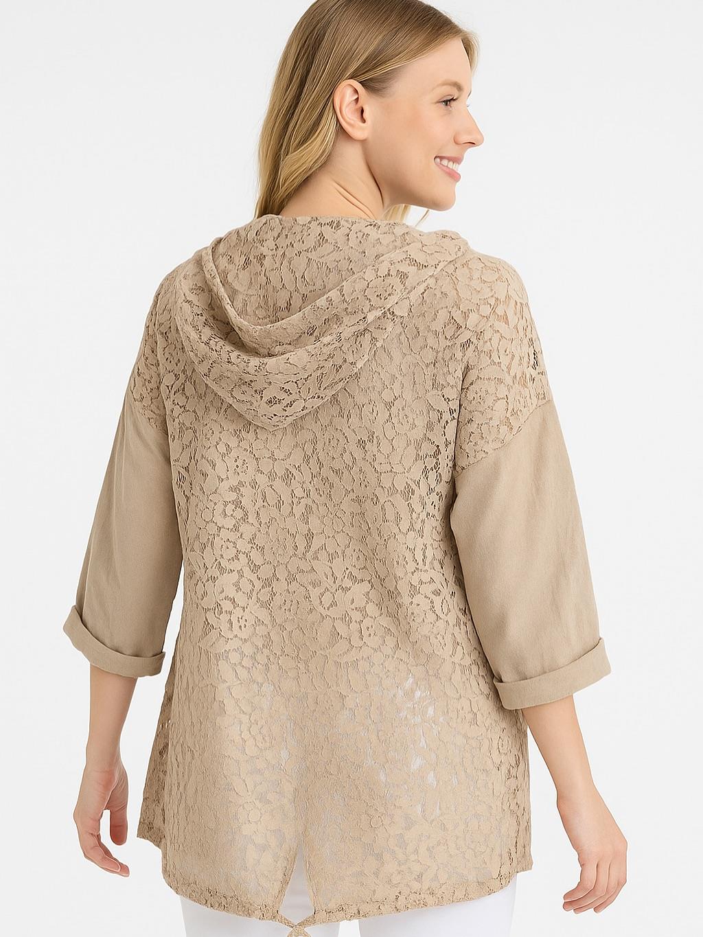 İtalyan Keten Dantel Detaylı Kapüşonlu Ceket - BEJ