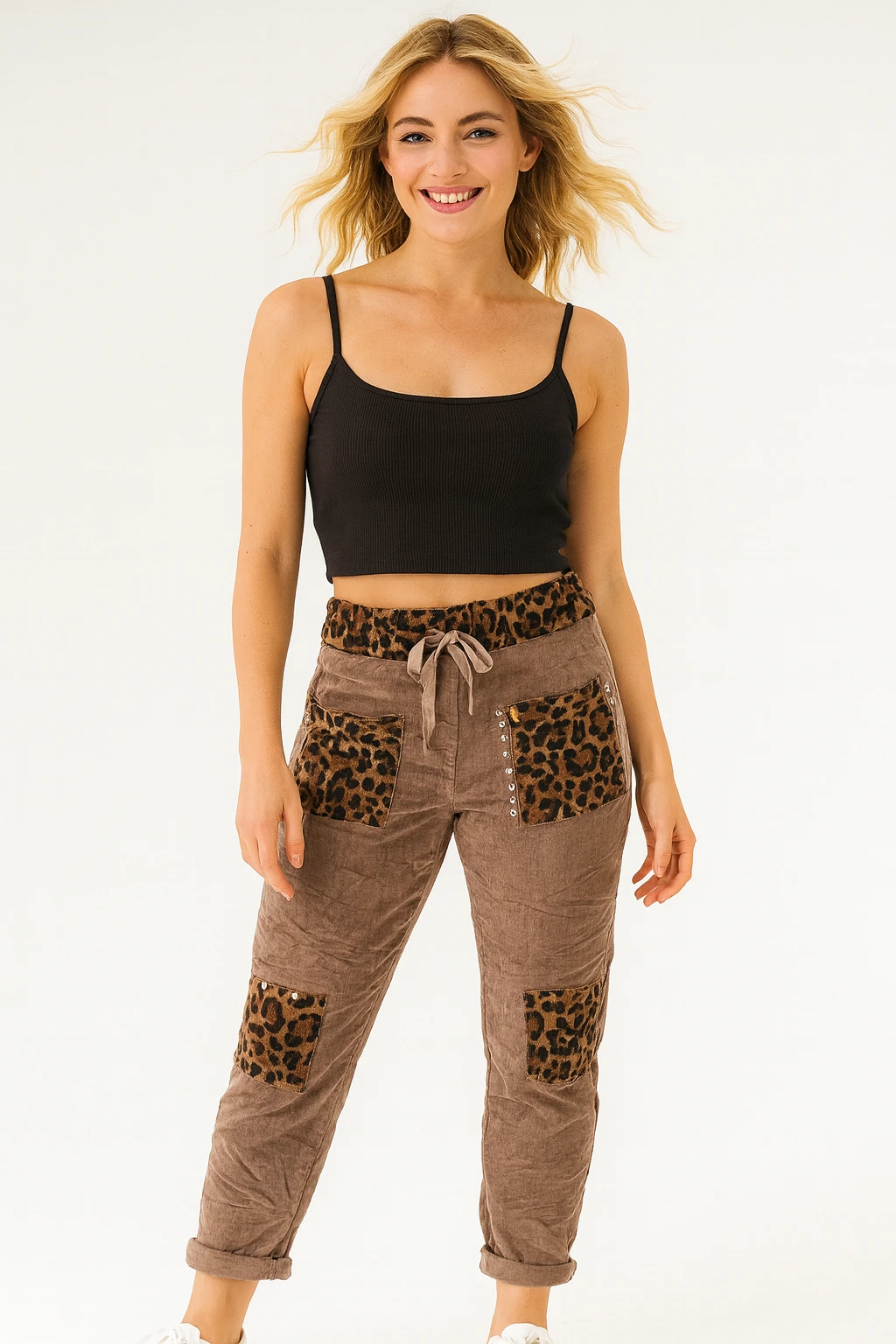 İtalyan Leopar Detaylı Kadife Pantolon - KAHVE