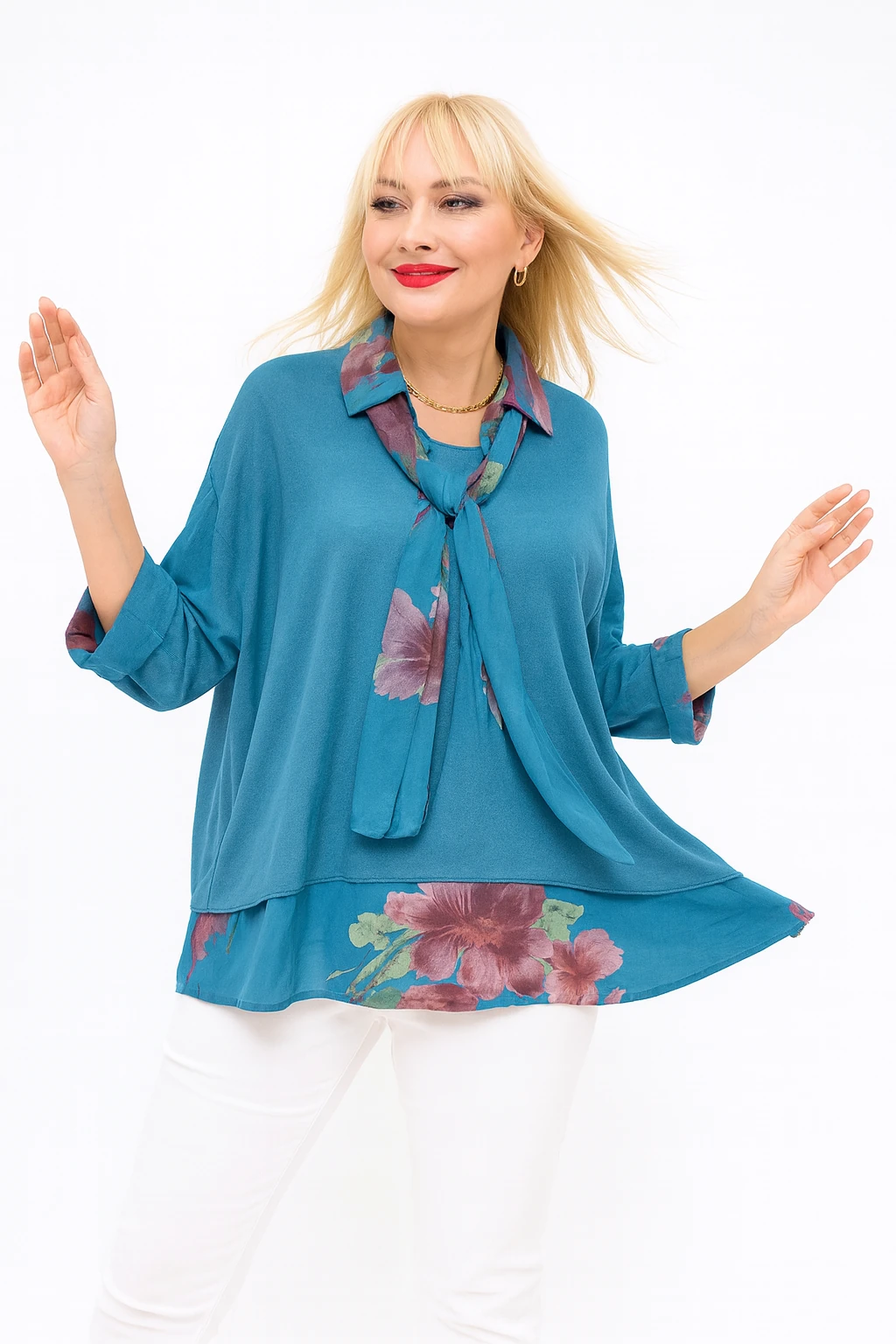 İtalyan Fularlı 3'lü Takım Bluz - MAVİ