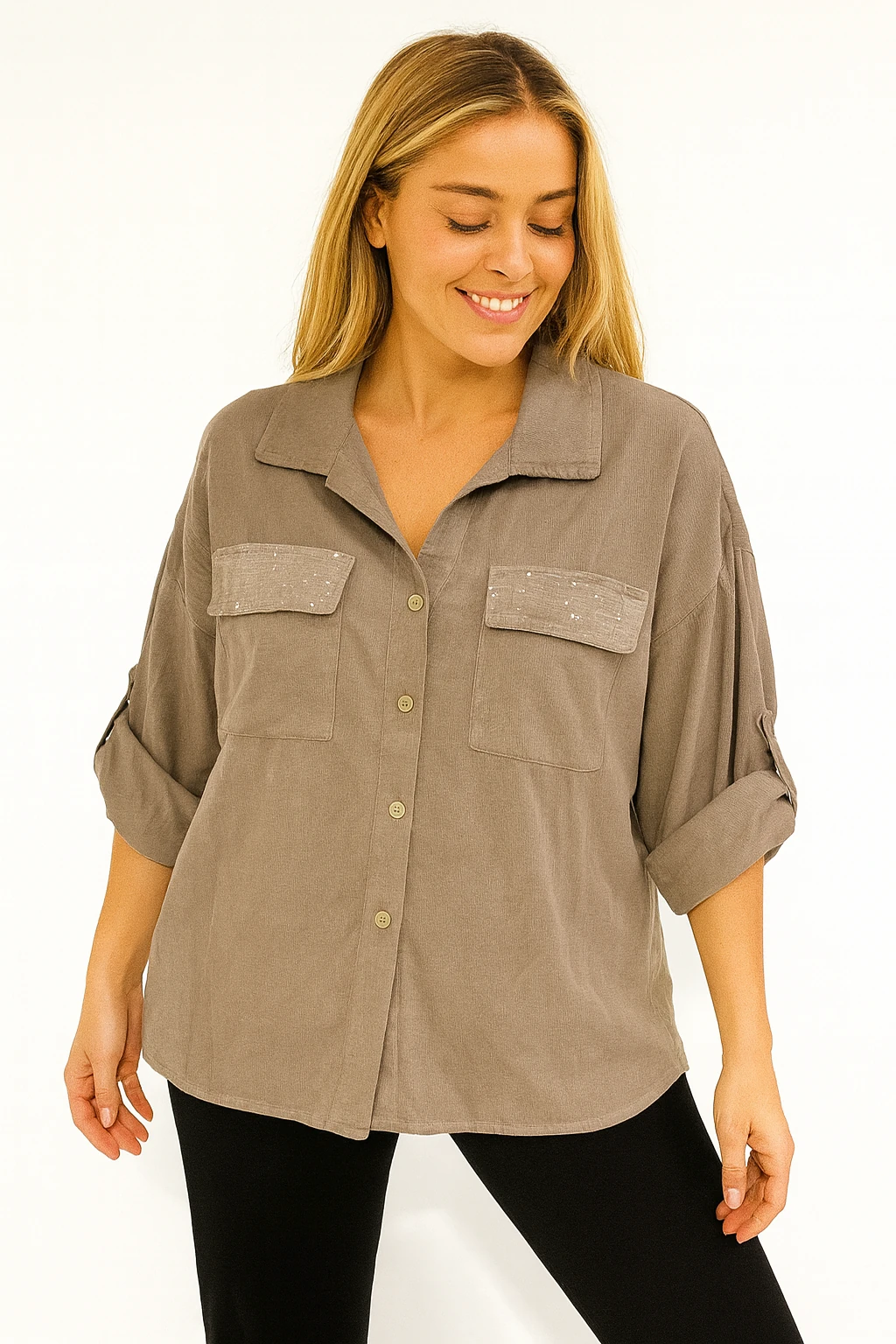 İtalyan Pul Payet Detaylı Kadife Gömlek - VİZON