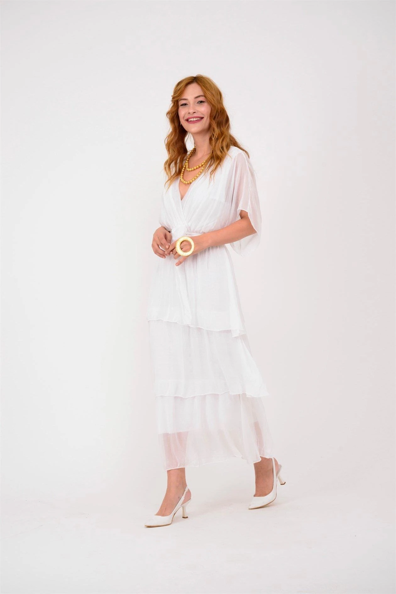 İtalyan İpek Belden Bağlamalı Elbise - BEYAZ