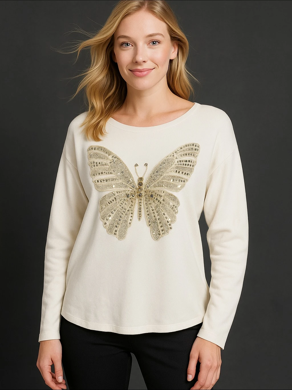 İtalyan Özel Tasarım Kelebek Desen Angora Bluz - BEYAZ