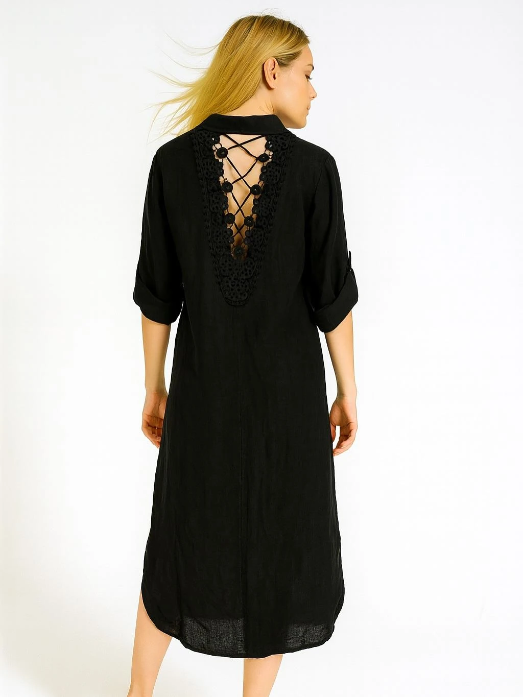 İtalyan Keten Sırtı Dantelli Elbise - SİYAH