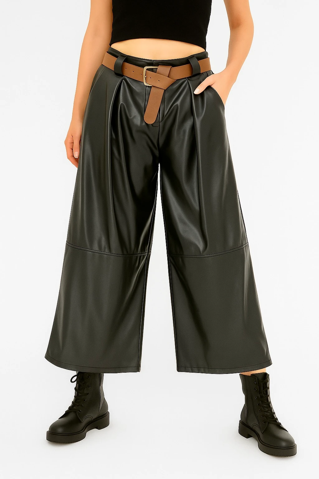 İtalyan Geniş Paça Deri Pantolon - SİYAH