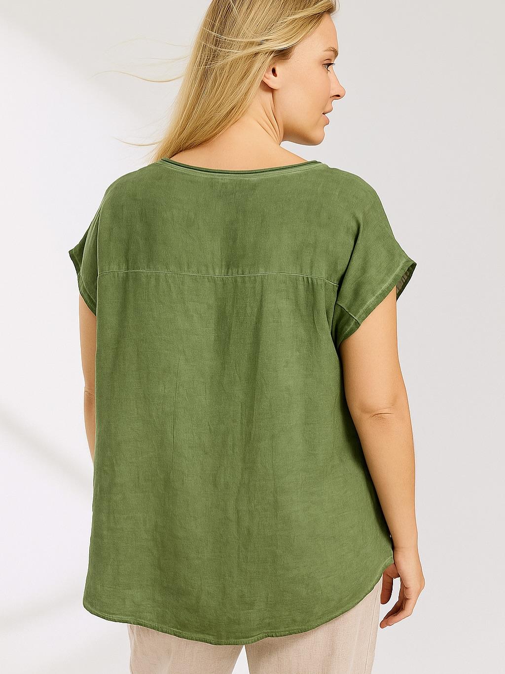 İtalyan Çiçek Desenli Keten Bluz - YEŞİL