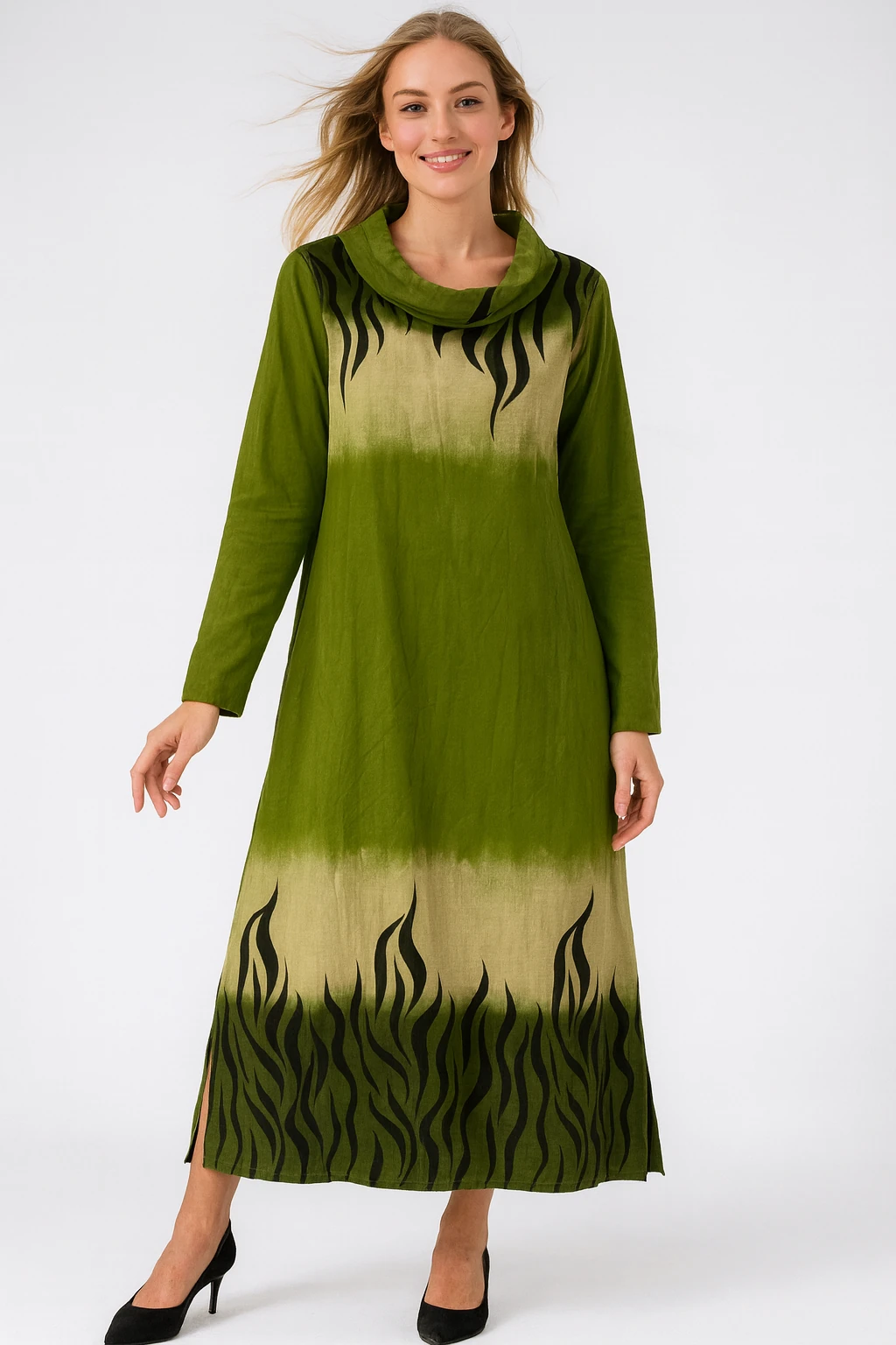 İtalyan Degaje Yaka Kadife Elbise - YEŞİL