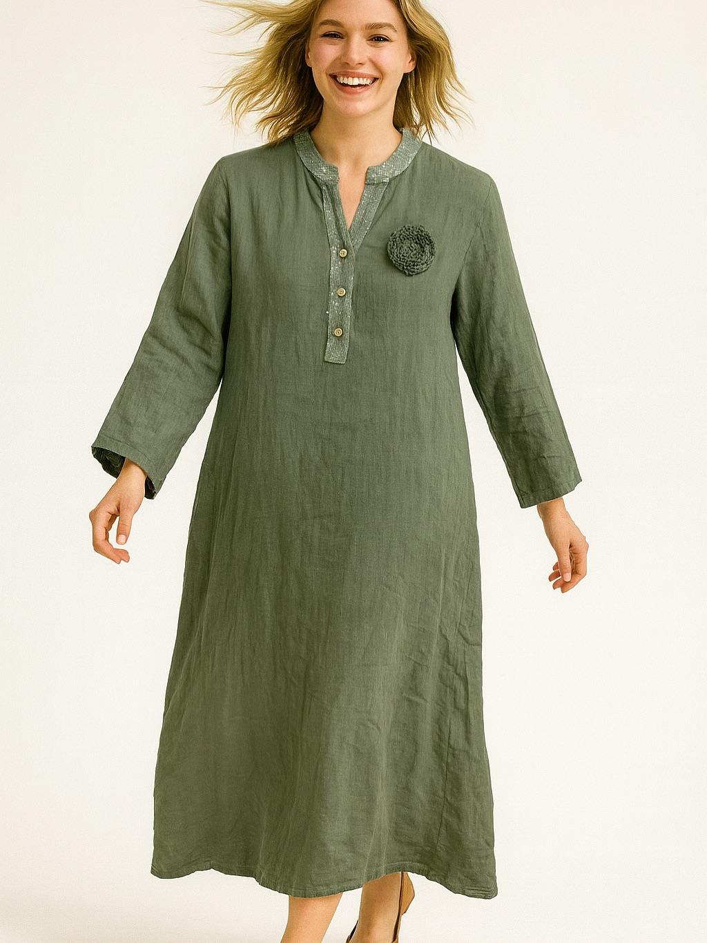 İtalyan Keten Pul Payet Detaylı Elbise - HAKİ